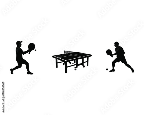 Two silhouetted figures playing table tennis with paddles and balls on a white background with a ping pong table