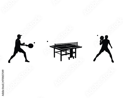 Dynamic silhouettes of two people playing table tennis with a net and balls on a white background
