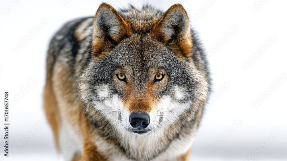 Fototapeta premium Majestic Wolf Stare: A striking close-up of a gray wolf, its piercing eyes meet the viewer, radiating primal power and untamed elegance. The wolf is a symbol of wild wilderness and natural beauty.