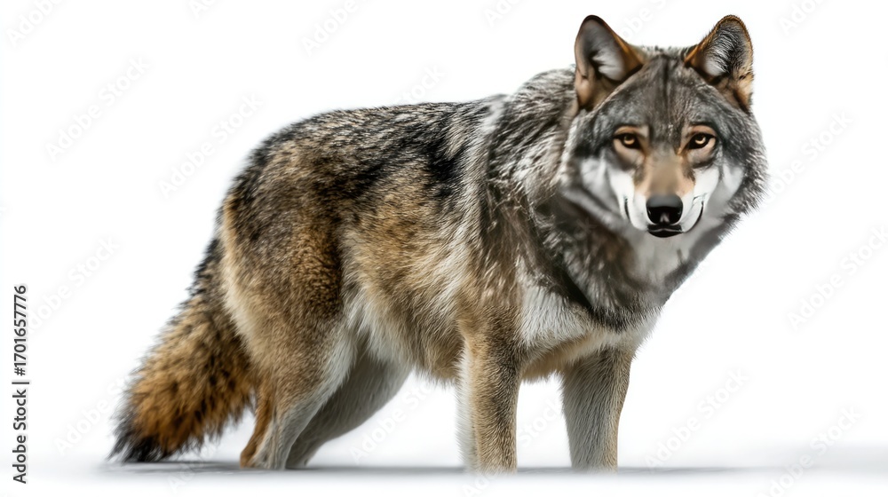 Fototapeta premium Regal Wolf's Gaze: This image captures the intense, direct gaze of a majestic wolf, its fur beautifully detailed against the backdrop, embodying the wild's power and resilience. 