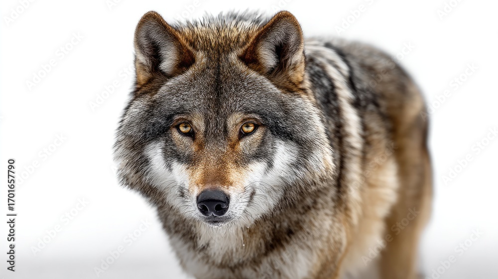 Fototapeta premium Staring wolf in snow: A captivating shot showcases a single wolf's direct gaze, its eyes reflecting the wild beauty. The animal's fur creates an alluring contrast.