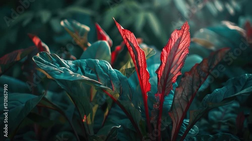 A detailed view of a plant with vibrant red leaves, suitable for use in botanical or science-related contexts