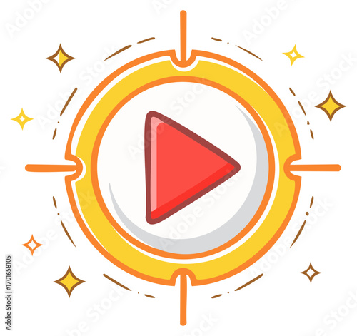 Cartoon play button icon inside a sparkling target reticle illustration