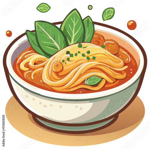 Bowl of appetizing noodle soup with meatballs, broth, and garnish; tempting and flavorful dish