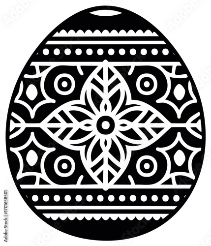 Decorative Easter Egg Ornament with Geometric and Floral Designs in Black and White