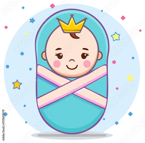 Cute baby wearing a golden crown wrapped in a blue blanket with stars and confetti