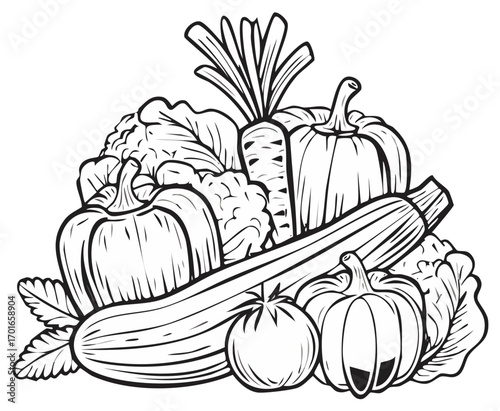 Variety of Vegetables Line Art Illustration Black and White Drawing for Coloring Pages Educational Materials