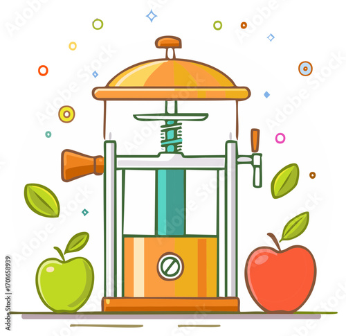 Traditional fruit press with fresh red and green apples for making homemade organic cider or juice illustration