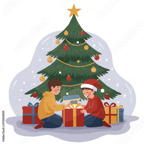 Two children unwrapping gifts under Christmas tree with decorations  