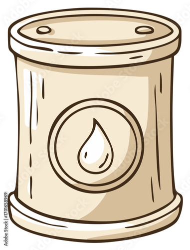 Illustration of a simple cartoon oil drum with a drop symbol on the side