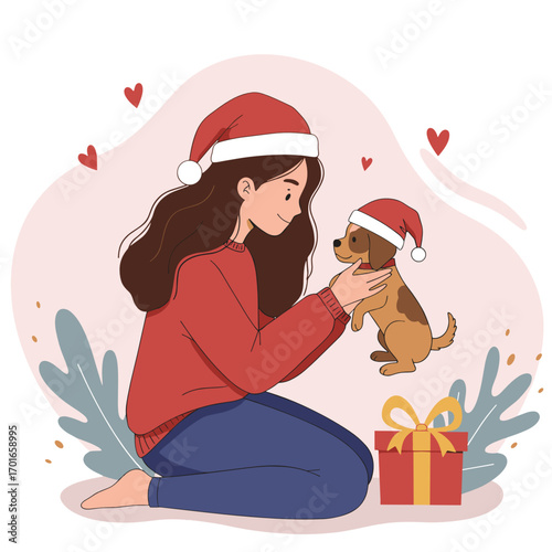 Girl celebrating Christmas while playing with puppy and gift box  