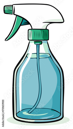Cartoon spray bottle with clear liquid and green trigger sprayer for cleaning