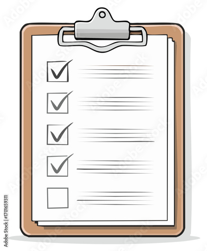 Cartoon clipboard with a complete and pending to do list illustrating tasks and goals