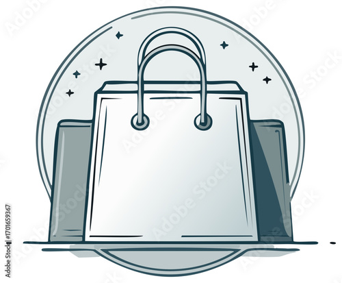 Shopping bag illustration with stars in a circle, simple monochrome design for online business