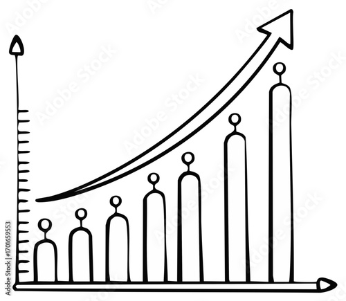 Hand drawn bar graph illustrating upward business growth, financial progress, and success