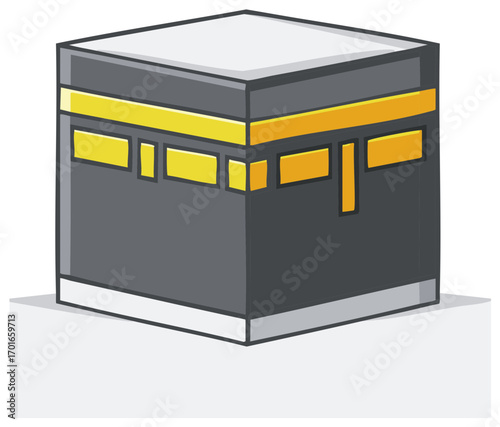 Stylized Illustration of the Kaaba, Islam's holiest shrine, cube shape with gold accents