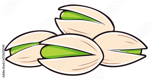 Group of illustrated open pistachio nuts with green kernels