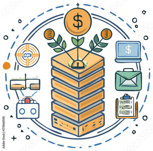 Financial growth illustration with money trees, laptop, brief case and goal.