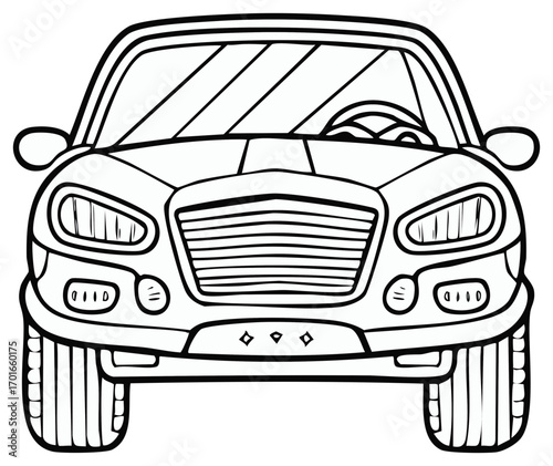 Simple cartoon SUV car front view illustration for a kids coloring book page