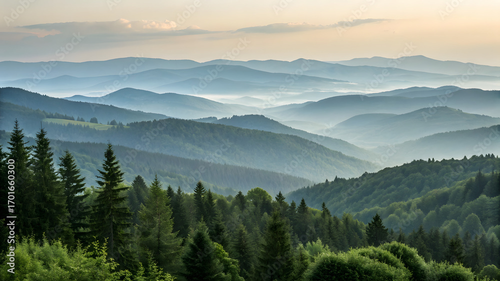 Fototapeta premium Serene misty mountain landscape layers fading into soft pastel sky dawn
