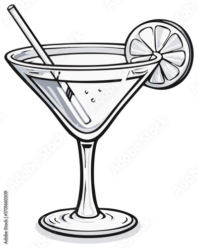 Classic Outlined Martini Glass with Lemon Slice and Straw, Liquid Cocktail Drink Illustration
