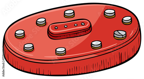 Red oval floor scrubber brush with white buffers and center grip pads, for cleaning floors.