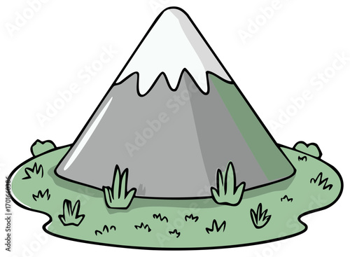 Stylized conical mountain peak with snow cap and green grassy base