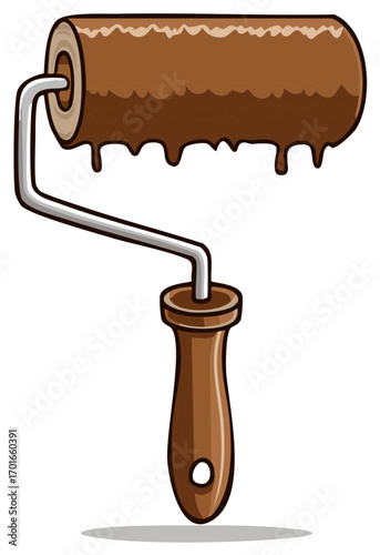 Cartoon paint roller with brown dripping paint, repair and renovation tool, interior and exterior paint