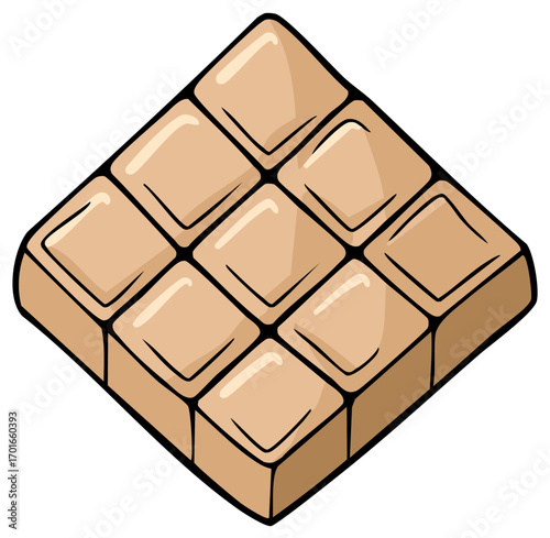 Chocolate bar illustration with squares, sweet dessert graphic, isometric view, delicious brown snack