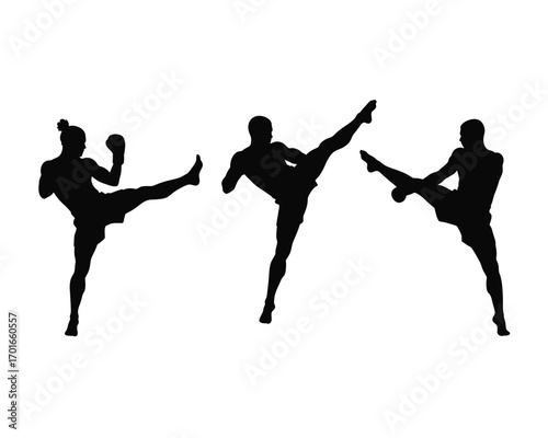Dynamic silhouettes of three martial artists performing high kicks in synchronized combat training and athletic display