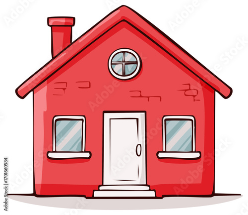 Cartoon illustration of a red house with windows and a chimney