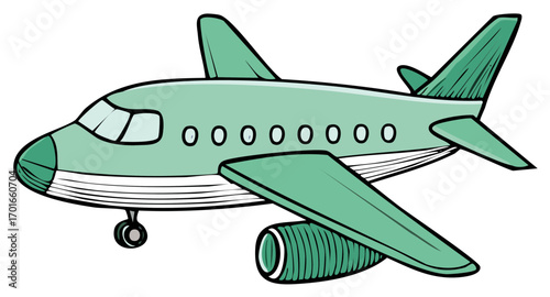 Vibrant cartoon green passenger airplane illustration representing travel and aviation
