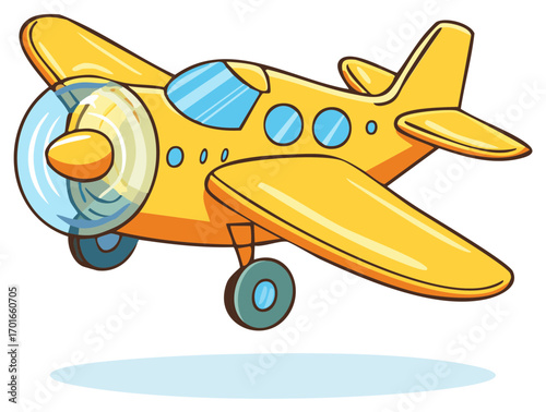 Cartoon Yellow Propeller Airplane with Landing Gear, Vector Illustration