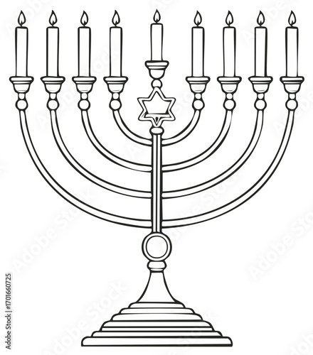 Hanukkah menorah with nine branches and Star of David, line art