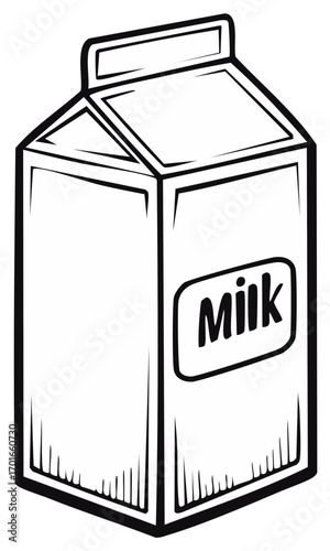 Milk Carton Line Art Illustration Fresh Dairy Product Beverage Container Nutrition Food Outline Drink Vector Black and White