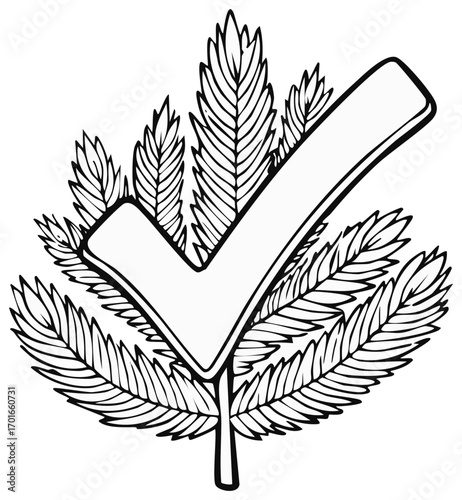 Hand drawn checkmark symbol emerging from stylized cannabis plant leaves outline drawing