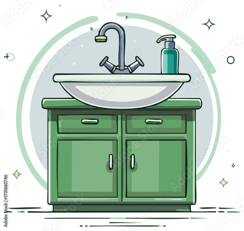 Bathroom Vanity with Sink and Soap Dispenser, Minimalist Green Cabinet and Basin, Isolated Illustration