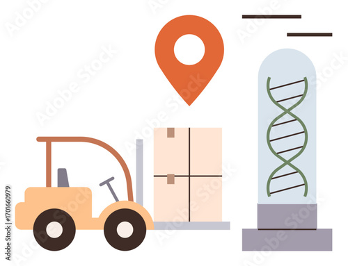 Forklift carrying packages, map location marker, and DNA helix sculpture. Ideal for logistics, science, genetics, biotech, innovation research transportation. Clean simple flat metaphor