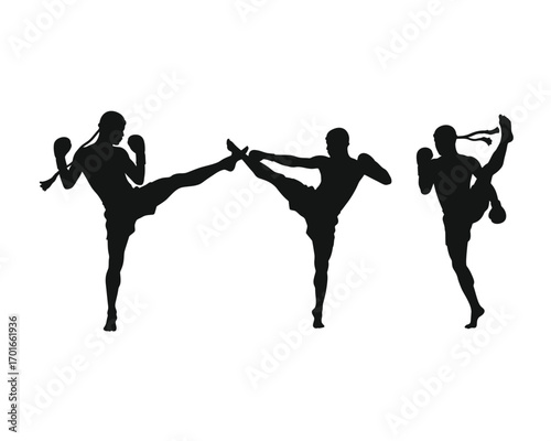 Silhouettes of three muay thai fighters performing high kicks in a dynamic sequence against a white background