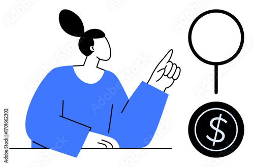 Woman pointing upward with a raised finger, next to abstract circle and dollar sign. Ideal for finance, investment, planning, strategy, guidance, business and money concepts. Simple flat metaphor