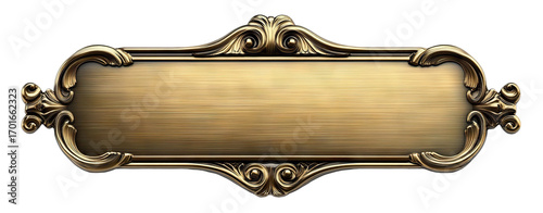 Ornate brass nameplate with vintage floral decoration, isolated on transparent cutout background