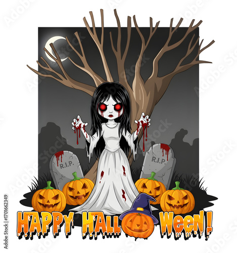 Scary Ghost Girl Halloween Illustration with Pumpkins, Graveyard, and Haunted Tree