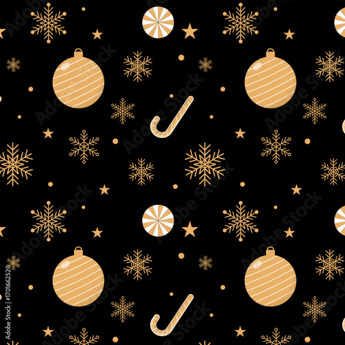 Christmas ornament seamless pattern.Merry Xmas repeat pattern with Christmas balls, gifts, candy canes and snowflakes.Luxury winter, new year pattern in gold isolated on black background.
