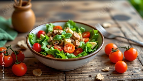 a salad served in a bowl with tomatoes, lettuce, and other vegetables surrounding it on a wooden surface. the salad seems to contain chicken as well