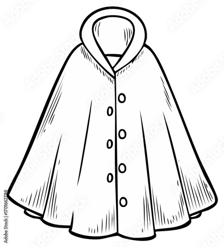 Isolated Hand-Drawn Illustration of a Hooded Cape with Buttons in a Sketch Style on Plain White Background