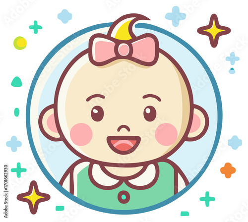Smiling Baby Girl Icon with Bow and Colorful Geometric Accents Illustration