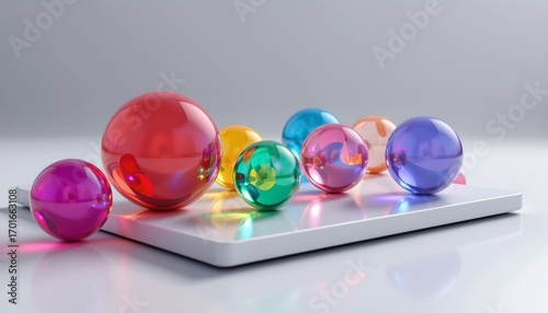 a collection of spherical objects in vibrant colors is arranged neatly on a white platform or tray, which sits on a flat surface against a nondescript background