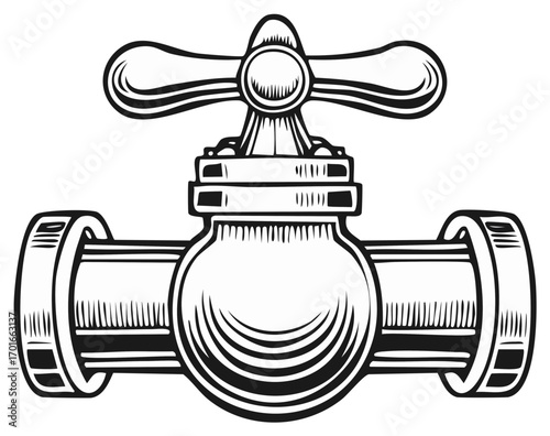 Valve illustration, stopcock for gas, water, or oil plumbing, black and white vector design