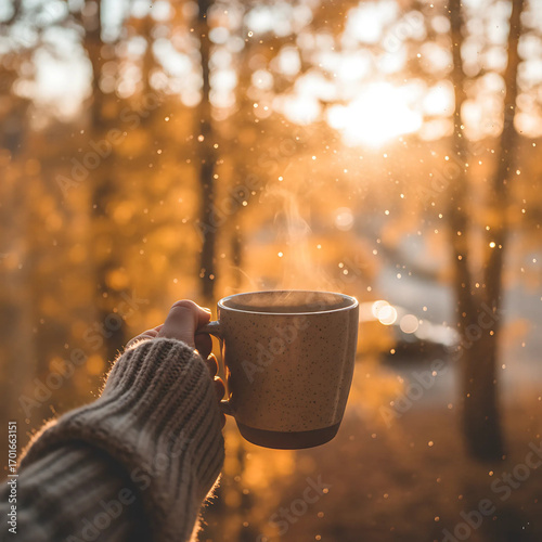 Hand holding a steaming mug in front of glowing golden autumn leaves with warm morning sunlight and dreamy bokeh, cozy fall lifestyle scene