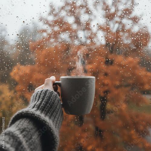 Person behind a window holding a steaming mug with raindrops on the glass, blurred golden autumn leaves outside, cozy hygge fall lifestyle scene, warm natural light, comfort, seasonal atmosphere